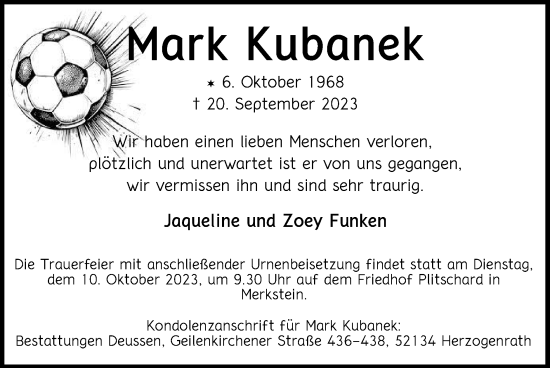Traueranzeige von Mark Kubanek von Zeitung am Sonntag