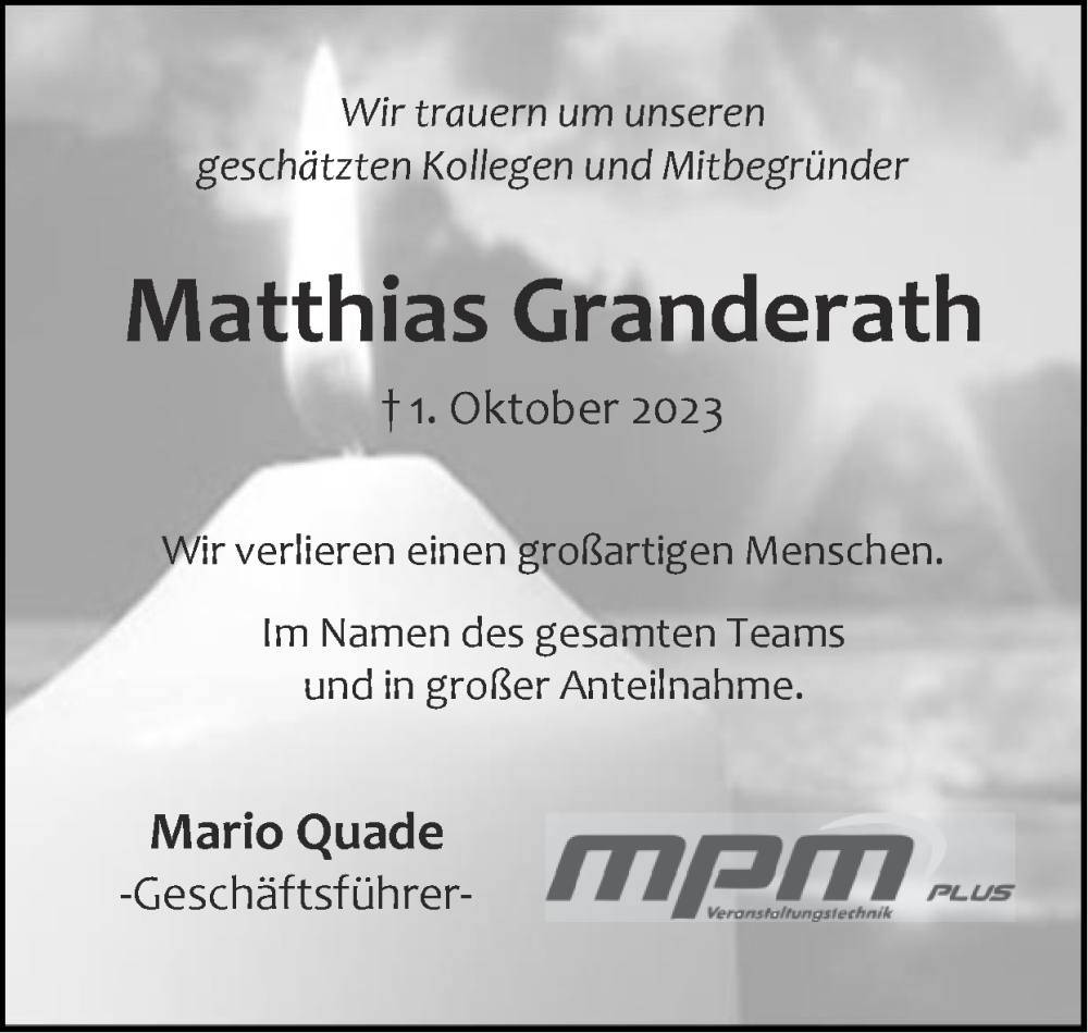 Traueranzeige für Matthias Granderath vom 15.10.2023 aus Zeitung am Sonntag