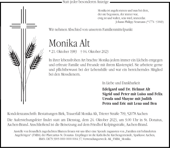 Traueranzeige von Monika Alt von Aachener Zeitung