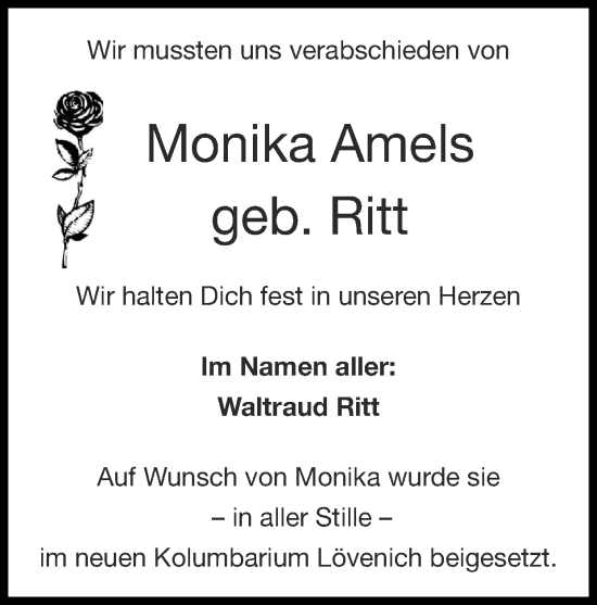 Traueranzeige von Monika Amels von Zeitung am Sonntag