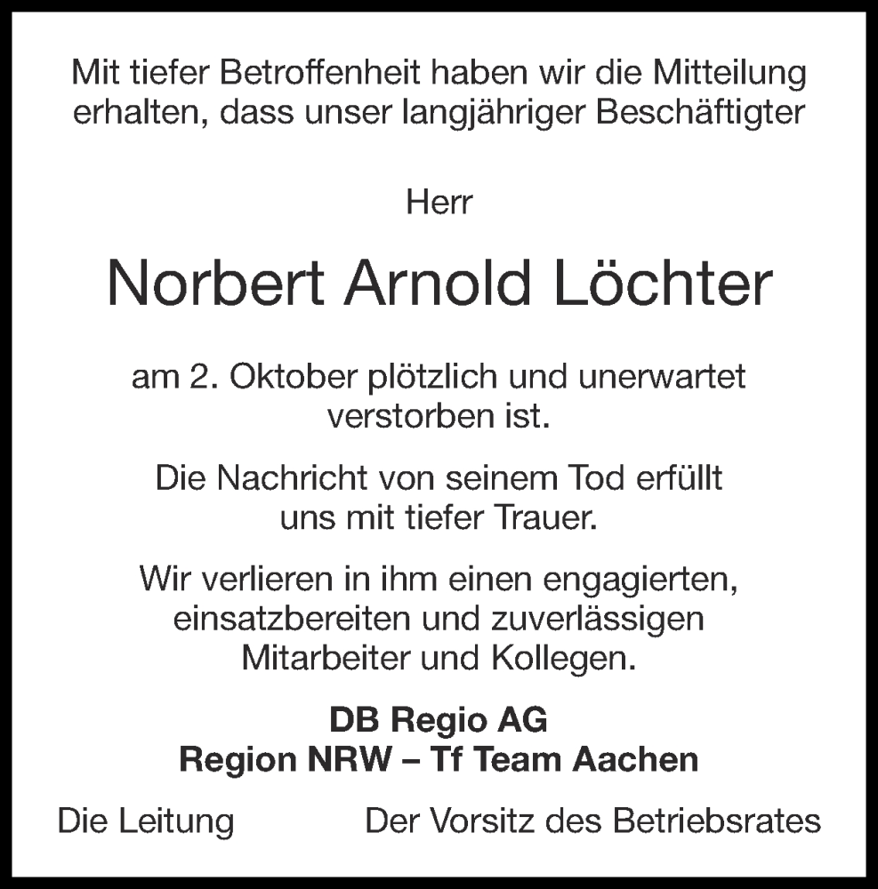  Traueranzeige für Norbert Löchter vom 15.10.2023 aus Zeitung am Sonntag