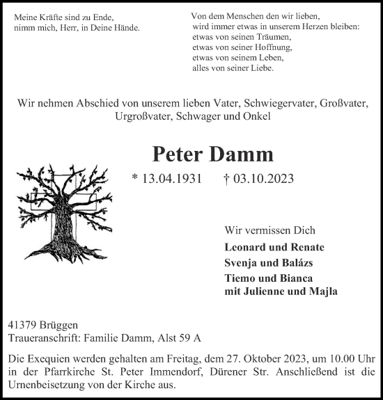 Traueranzeige von Peter Damm von Zeitung am Sonntag