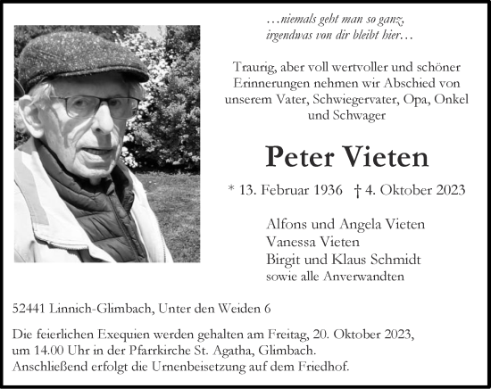 Traueranzeige von Peter Vieten von Zeitung am Sonntag