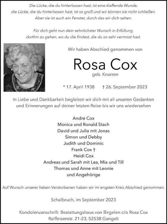 Traueranzeige von Rosa Cox von Zeitung am Sonntag