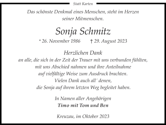 Traueranzeige von Sonja Schmitz von Zeitung am Sonntag