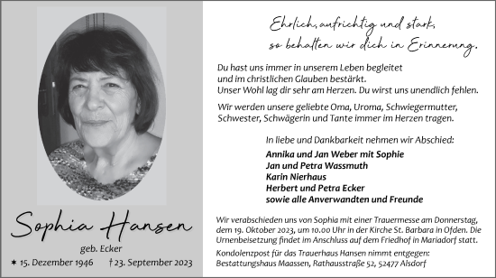 Traueranzeige von Sophia Hansen von Zeitung am Sonntag