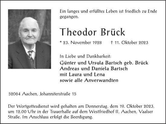 Traueranzeige von Theodor Brück von Zeitung am Sonntag