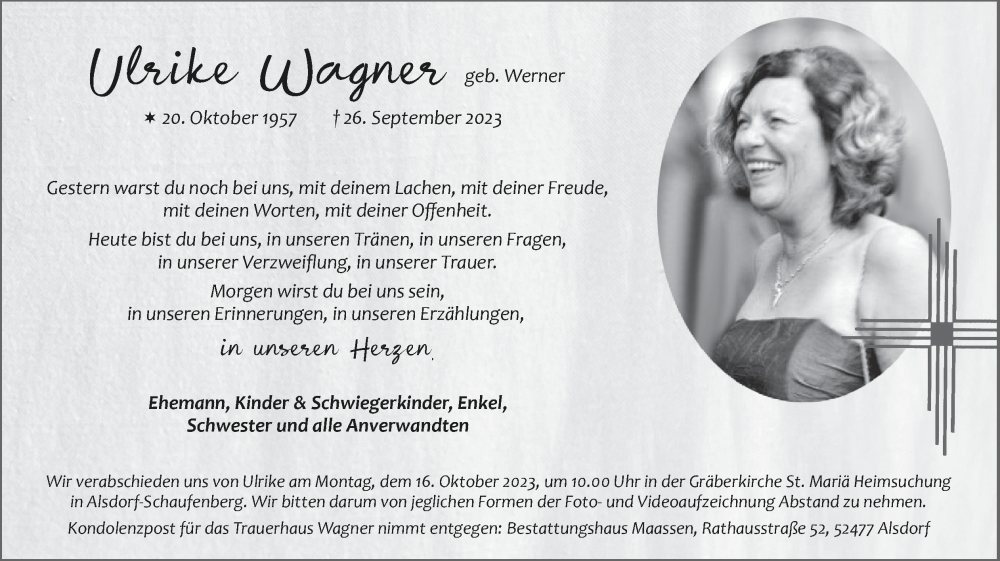 Traueranzeige für Ulrike Wagner vom 08.10.2023 aus Zeitung am Sonntag