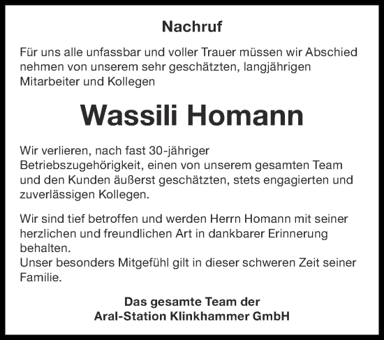 Traueranzeige von Wassili Homann von Zeitung am Sonntag