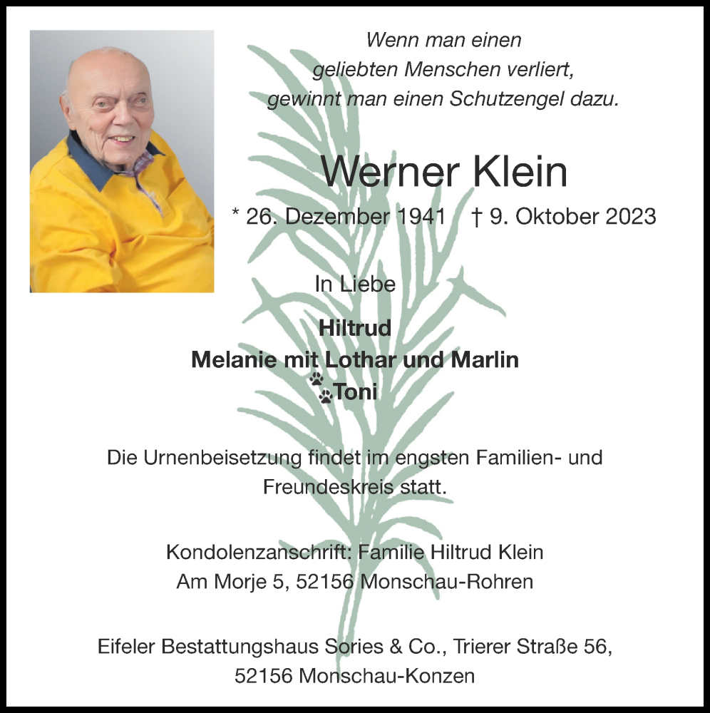  Traueranzeige für Werner Klein vom 15.10.2023 aus Zeitung am Sonntag