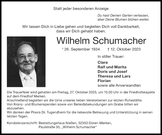 Traueranzeige von Wilhelm Schumacher von Zeitung am Sonntag