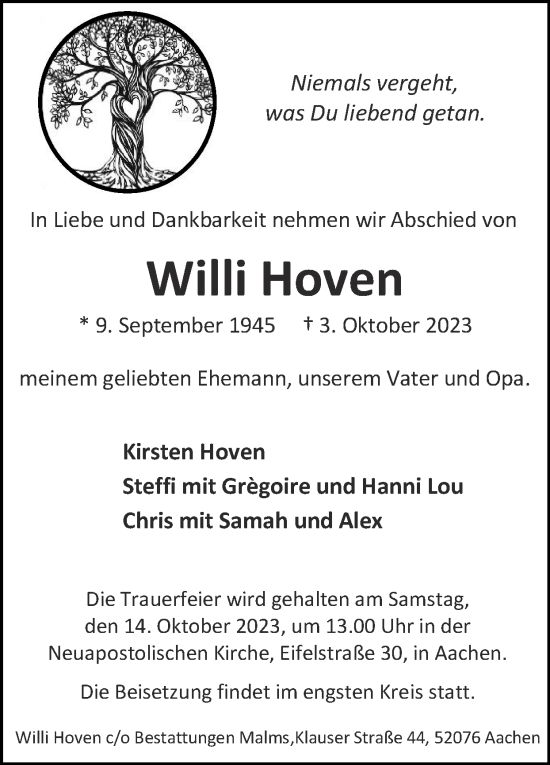 Traueranzeige von Willi Hoven von Zeitung am Sonntag