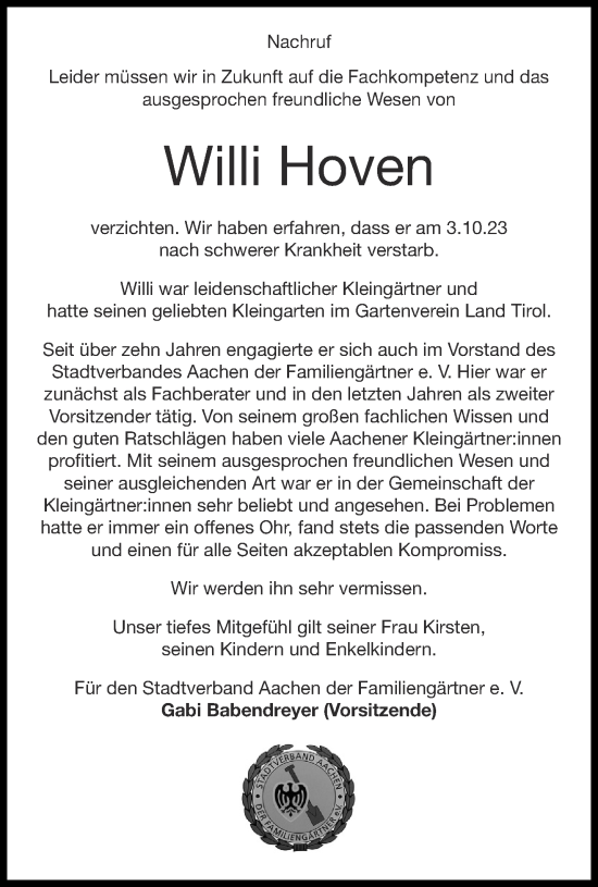 Traueranzeige von Willi Hoven von Aachener Zeitung