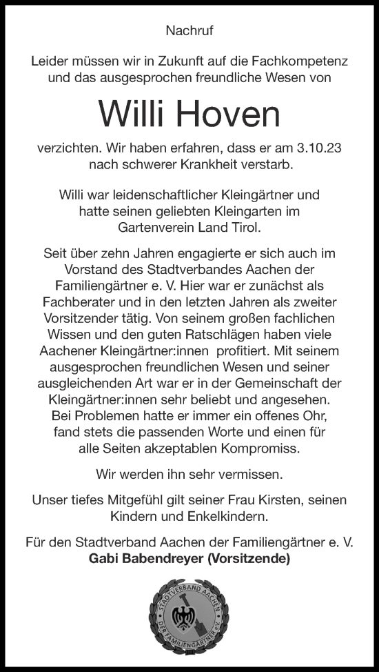 Traueranzeige von Willi Hoven von Zeitung am Sonntag