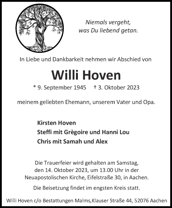 Traueranzeige von Willi Hoven von Aachener Zeitung
