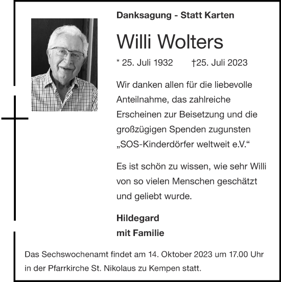 Traueranzeige von Willi Wolters von Zeitung am Sonntag