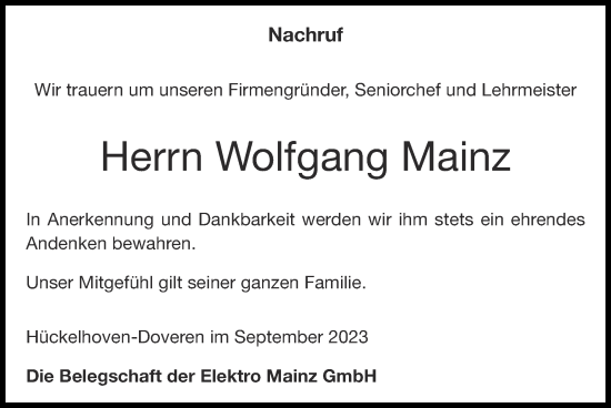 Traueranzeige von Wolfgang Mainz von Zeitung am Sonntag