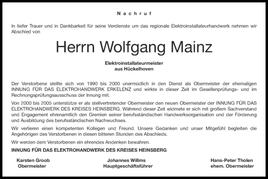 Traueranzeige von Wolfgang Mainz von Zeitung am Sonntag