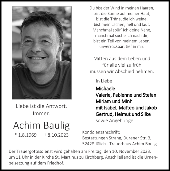 Traueranzeige von Achim Baulig von Zeitung am Sonntag