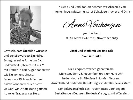 Traueranzeige von Änni Vonhoegen von Zeitung am Sonntag