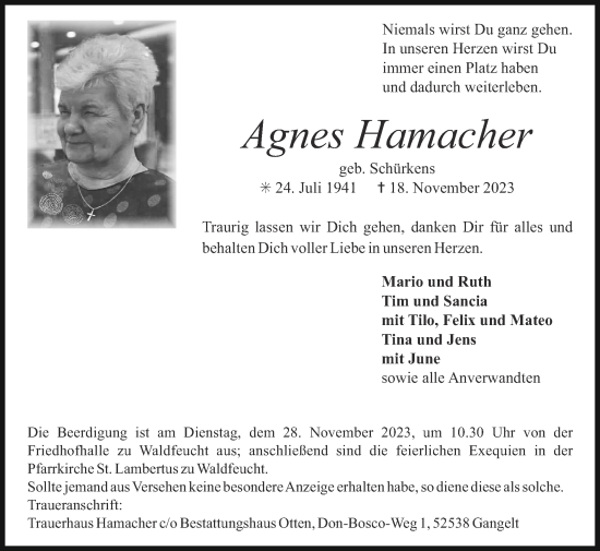 Traueranzeige von Agnes Hamacher von Zeitung am Sonntag