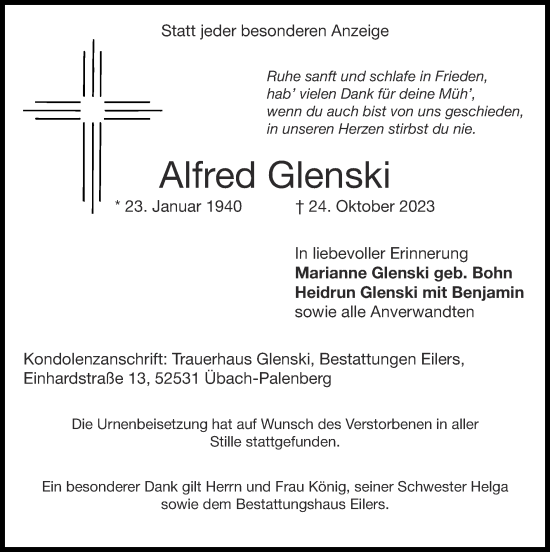 Traueranzeige von Alfred Glenski von Zeitung am Sonntag