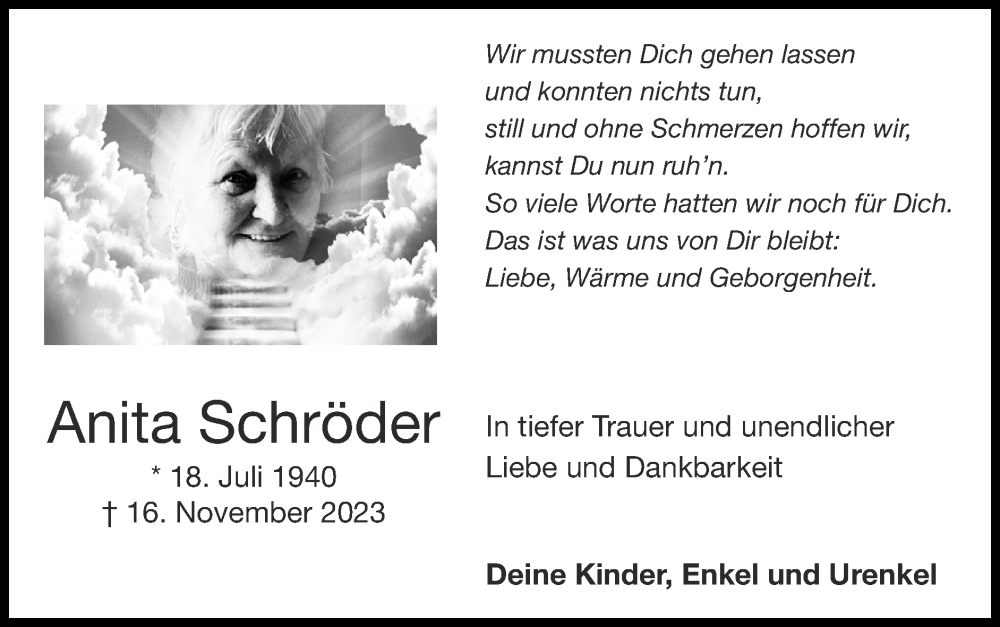  Traueranzeige für Anita Schröder vom 26.11.2023 aus Zeitung am Sonntag