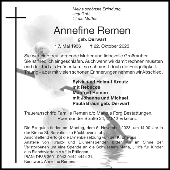 Traueranzeige von Annefine Remen von Zeitung am Sonntag