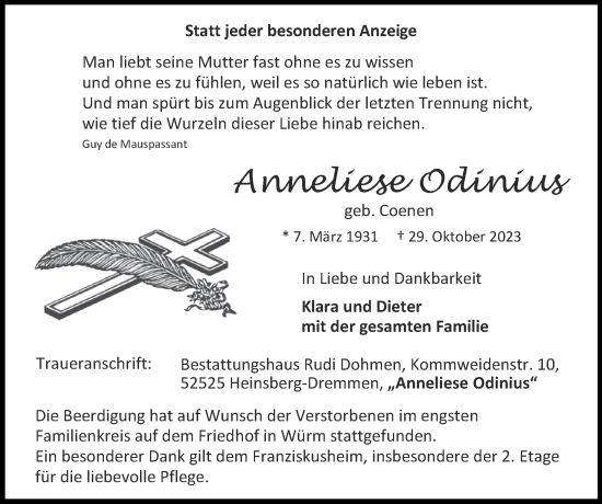 Traueranzeige von Anneliese Odinius von Zeitung am Sonntag