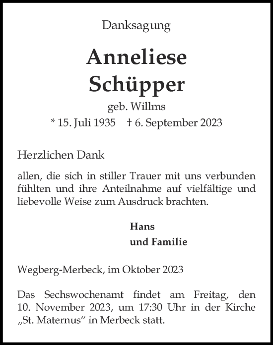 Traueranzeige von Anneliese Schüpper von Zeitung am Sonntag