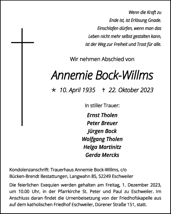 Traueranzeige von Annemie Bock-Willms von Zeitung am Sonntag