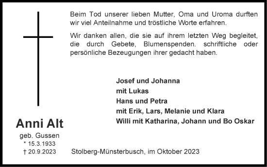 Traueranzeige von Anni Alt von Zeitung am Sonntag