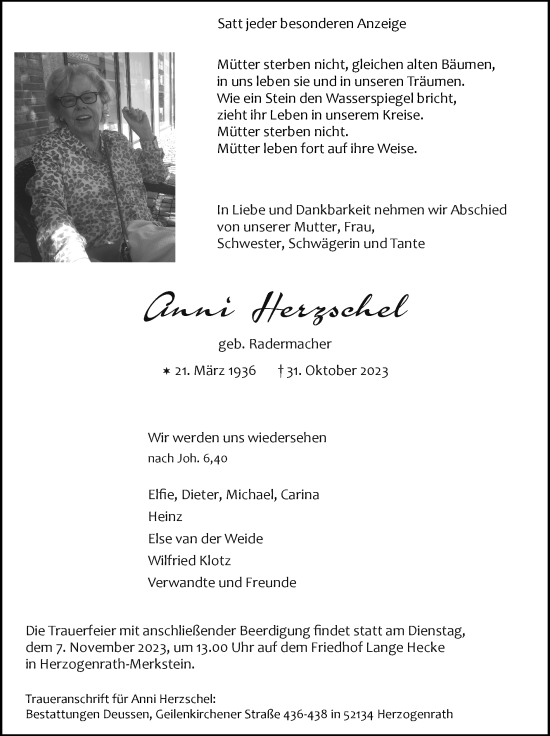 Traueranzeige von Anni Herzschel von Zeitung am Sonntag