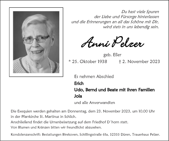 Traueranzeige von Anni Pelzer von Zeitung am Sonntag