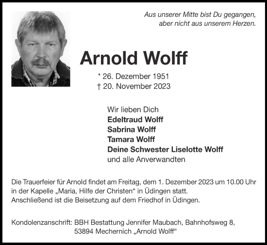 Traueranzeige von Arnold Wolff von Zeitung am Sonntag