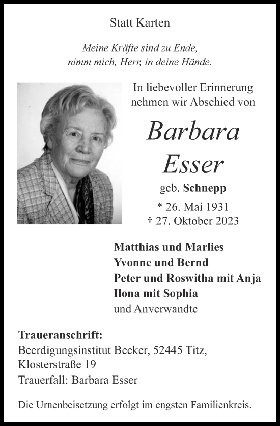 Traueranzeige von Barbara Esser von Zeitung am Sonntag