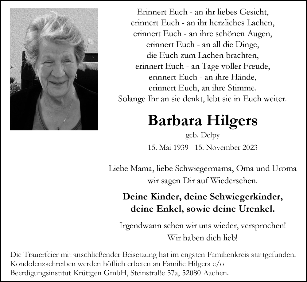 Traueranzeige für Barbara Hilgers vom 26.11.2023 aus Zeitung am Sonntag