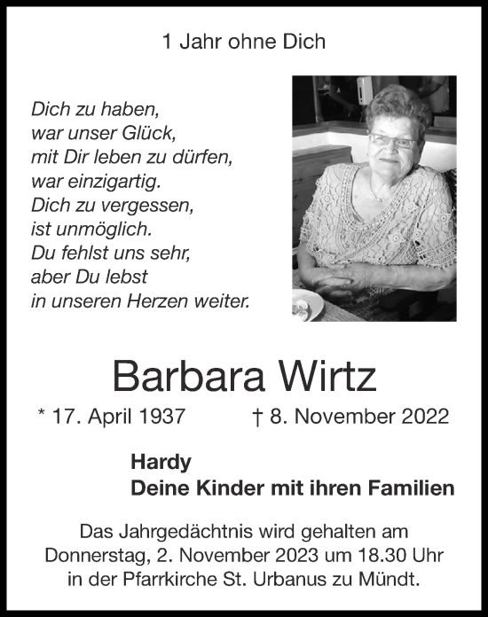 Traueranzeige von Barbara Wirtz von Zeitung am Sonntag