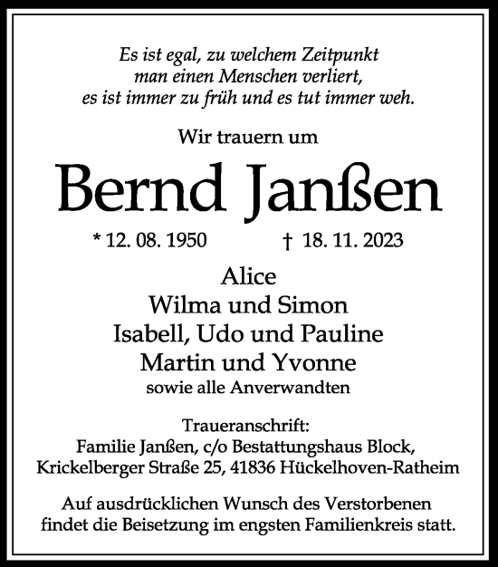 Traueranzeige von Bernd Janßen von Zeitung am Sonntag