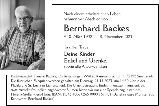 Traueranzeige von Bernhard Backes von Zeitung am Sonntag