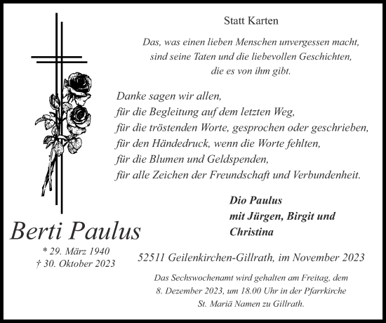 Traueranzeige von Berti Paulus von Zeitung am Sonntag