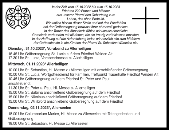 Traueranzeige von Bestattungen vom 29.10.2023 von Zeitung am Sonntag