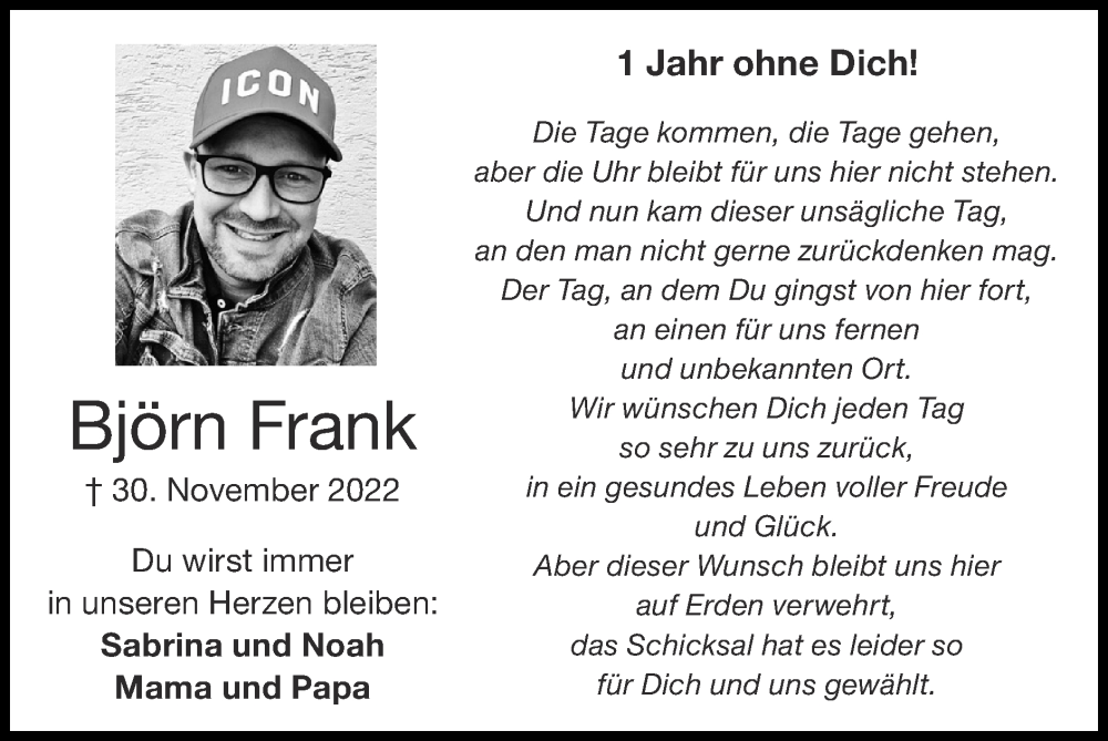  Traueranzeige für Björn Frank vom 26.11.2023 aus Zeitung am Sonntag
