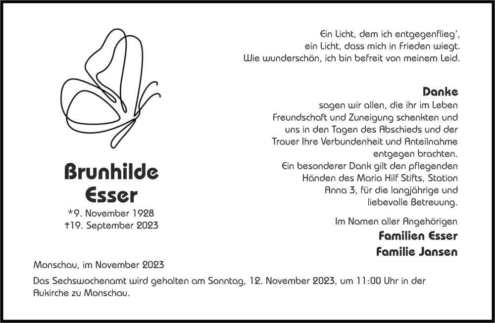  Traueranzeige für Brunhilde Esser vom 04.11.2023 aus Aachener Zeitung