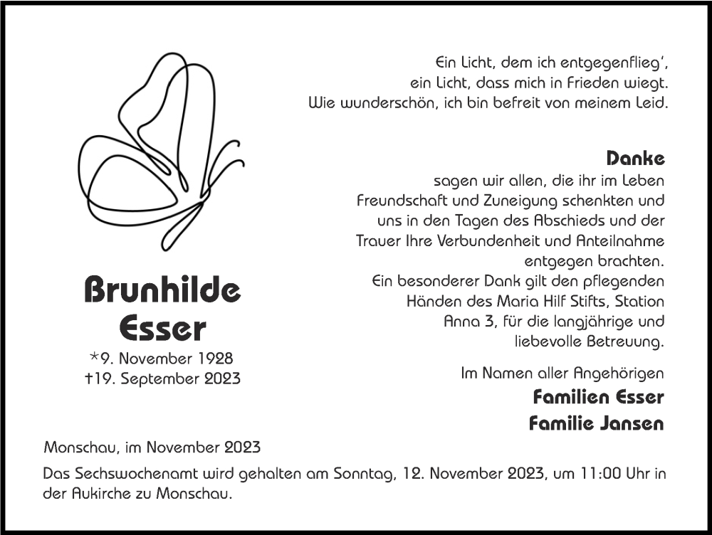  Traueranzeige für Brunhilde Esser vom 05.11.2023 aus Zeitung am Sonntag