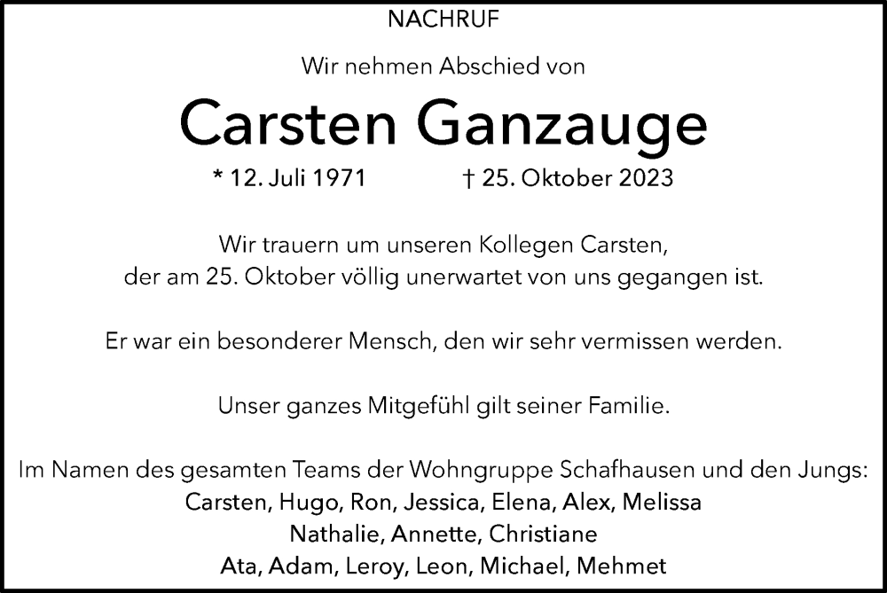  Traueranzeige für Carsten Ganzauge vom 05.11.2023 aus Zeitung am Sonntag