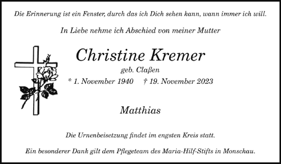 Traueranzeige von Christine Kremer von Zeitung am Sonntag