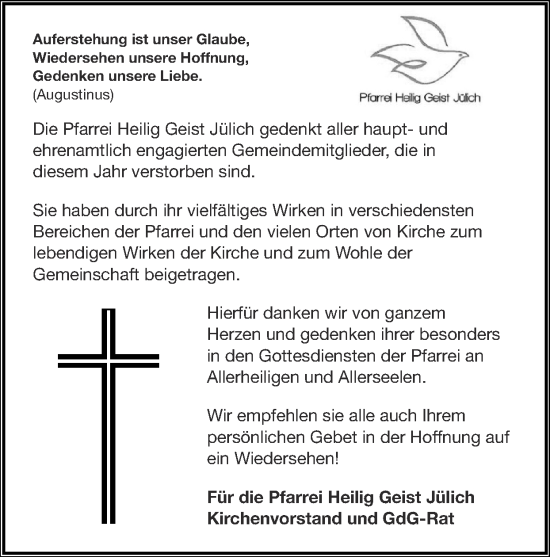 Traueranzeige von Die Pfarrei Heilig Geist Jülich gedenkt aller haupt- und ehrenamtlich engagierten Gemeindemitglieder, die in diesem Jahr verstorben sind  von Zeitung am Sonntag