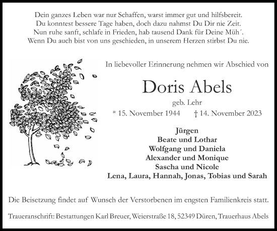 Traueranzeige von Doris Abels von Zeitung am Sonntag