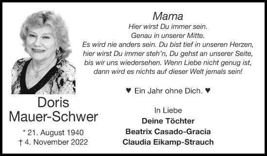 Traueranzeige von Doris Mauer-Schwer von Zeitung am Sonntag